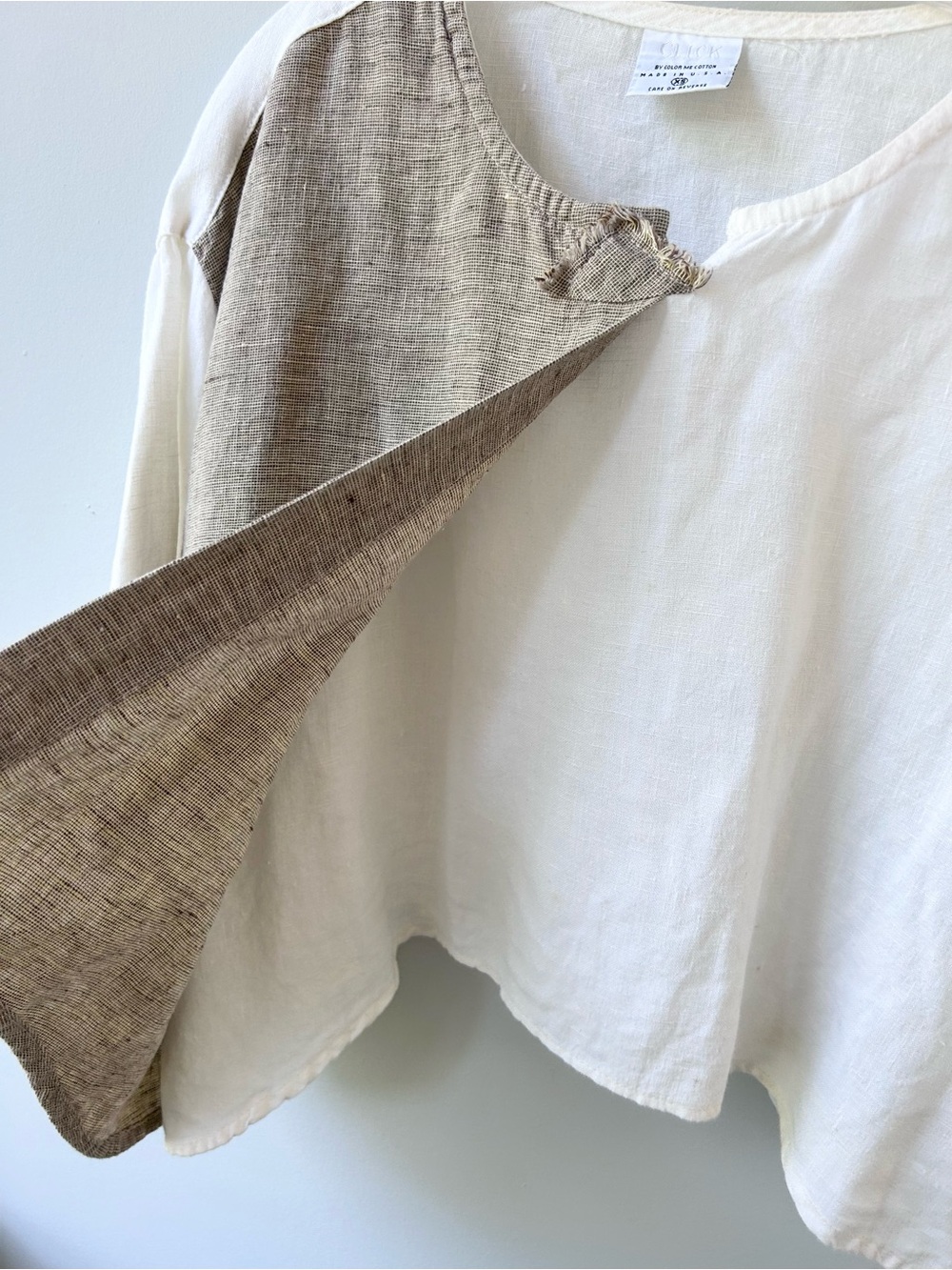 Two-Tone Linen Blend Button-Front Blouse - White & Taupe - Picture 3 of 11